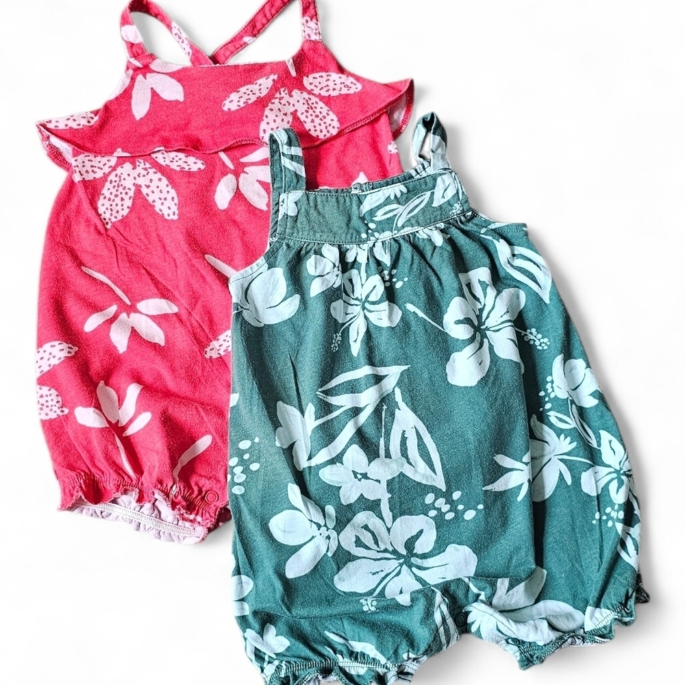 Carter's Baby Girl Floral Romper Set Coral Pink & Teal Green Size 12 Months